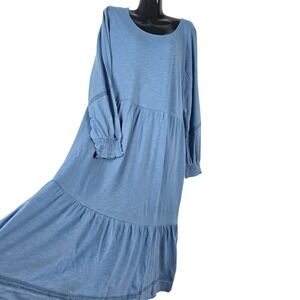 Canyon Retreat Tiered Maxi Dress Womens 1X Blue Crochet Lace Long Sleeve Boho